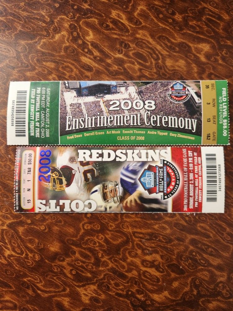 NFL HOF GAME & CEREMONY 2008 COLTS VS REDSKINS TICKET STUBS P MANNING ON FRONT