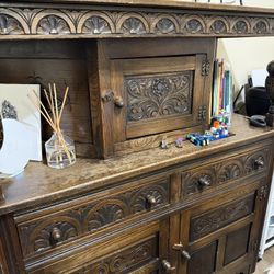 Antique Solid, Wood Buffet Hutch 