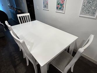 White Dining Table with 4 Chairs and a bench