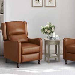 26 in. W Brown Genuine Leather Recliner Chair with Wooden Legs Push Back Chair with Nail Head Trim