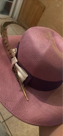 Pink Wide Brim Straw Hat with Feather
