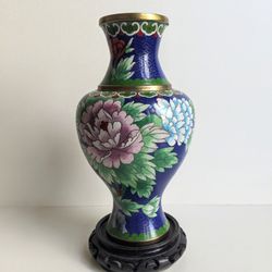 Vtg Chinese Cloisonne Enamel Vase w/ Stand 9.2”