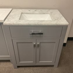 30” Grey Solid Wood Bathroom Vanity With Marble Top (V1227)