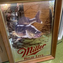 15x21 MILLER HIGH LIFE vintage mirrored fishing advertising sign.  95.00.  Johanna at Antiques and More. Located at 316b Main Street Buda. Antiques vi