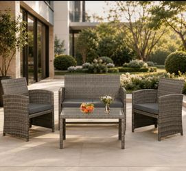 New in a box, Patio Chair Set, 4 Pcs Rattan Chat Set for Outdoors, Featuring a Tempered Glass Coffee Table, Comfortable Cushions, And Rattan Chairs Id