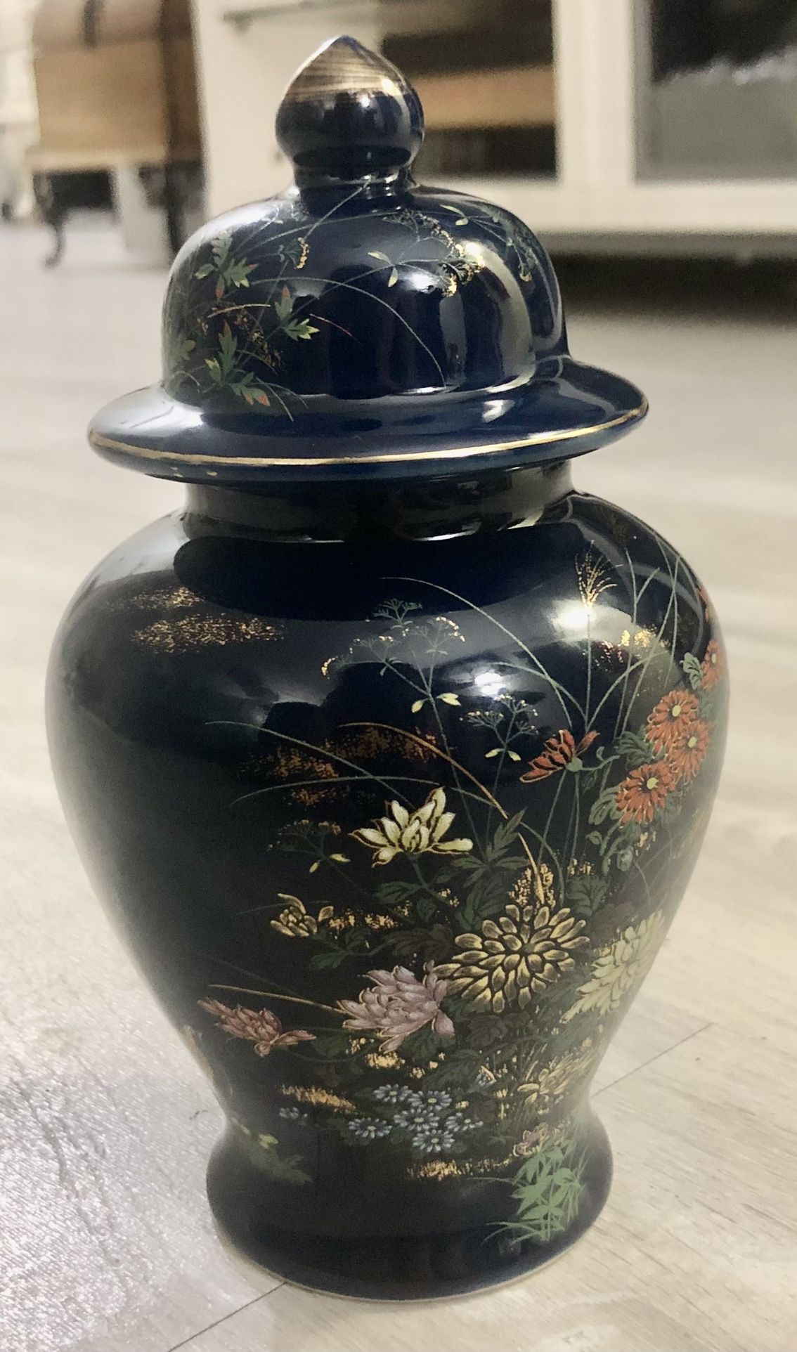 Vintage Japan GLazed KIKU TOYO Blue Temple Vase GINGER JAR " Cloisonné Bird Quail 7”T 4”W