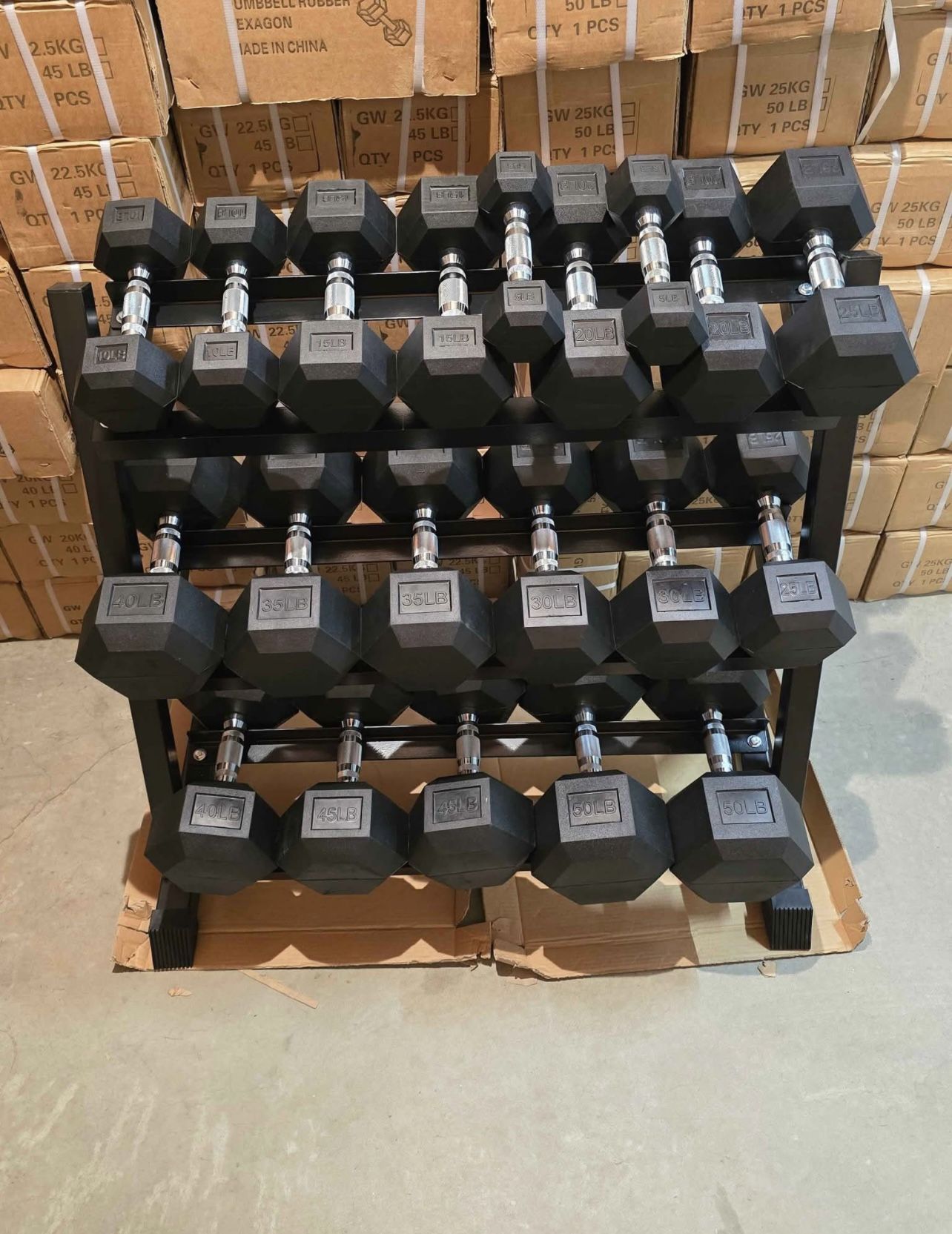 (New In Box) 5-50lb Rubber Hex Dumbbells With 3 Tier Dumbbell Rack Weights - Click On Out Profile For More Gym Equipment
