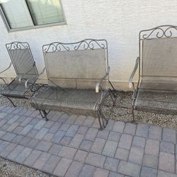 $250  IRON PATIO SET GLIDER BENCH AND ROCKING CHAIRS 