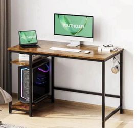 Home Office Game Desk with Wooden Storage Rack & Splice Board, 2-Story Industrial Modern Laptop Study Table, Vintage Oak, 55 inches 