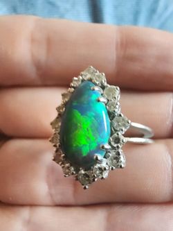14k White Gold Black Opal Ring With Diamonds.