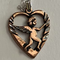 Vintage Cupid Angel Heart Charm Pendant Necklace - Valentine's Day Love Jewelry