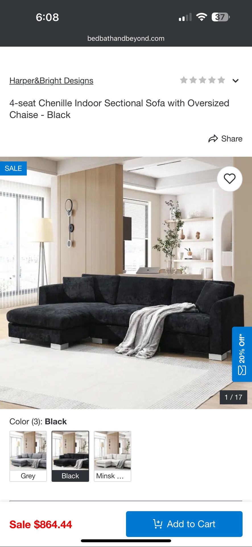 One Week Old 4-seat Chenille Indoor Sectional Sofa with Oversized Chaise - Black