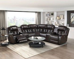 Brand new Stylish 3 Pc Brown Power reclining sectional w/LED light & Speakers