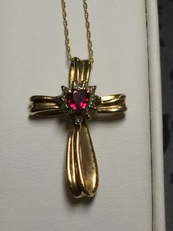 14K Yellow Gold Chain 10" Cross Pendant with Heart Shape Ruby & 11 Diamonds