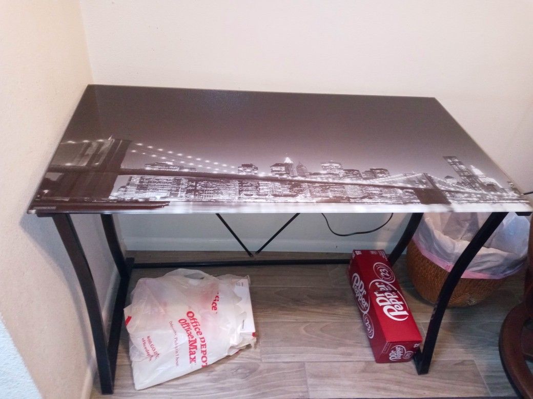 Glass Top Brooklyn Bridge Computer desk