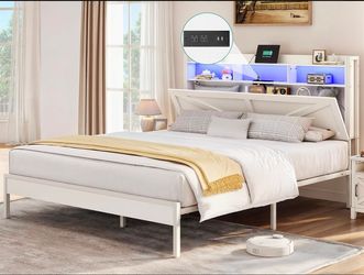 New in box Queen Bed Frame with Hidden Storage Headboard, LED Metal Bed Frame with Charging Station