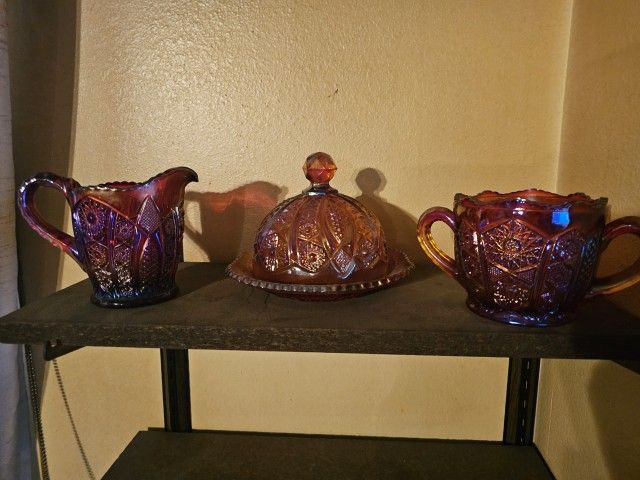 Indiana Amberina Carnival Glass Iridescent Red Sunset Butter