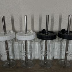 4 Ball Jar Glass Cups with Lids & Straws