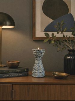 Sculptural Blue Ceramic Candle Holder, Coastal Cottage Decor,  Ocean-Inspired