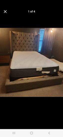 Grey Upholstered Queen Bed Frame + Free Boxspring
