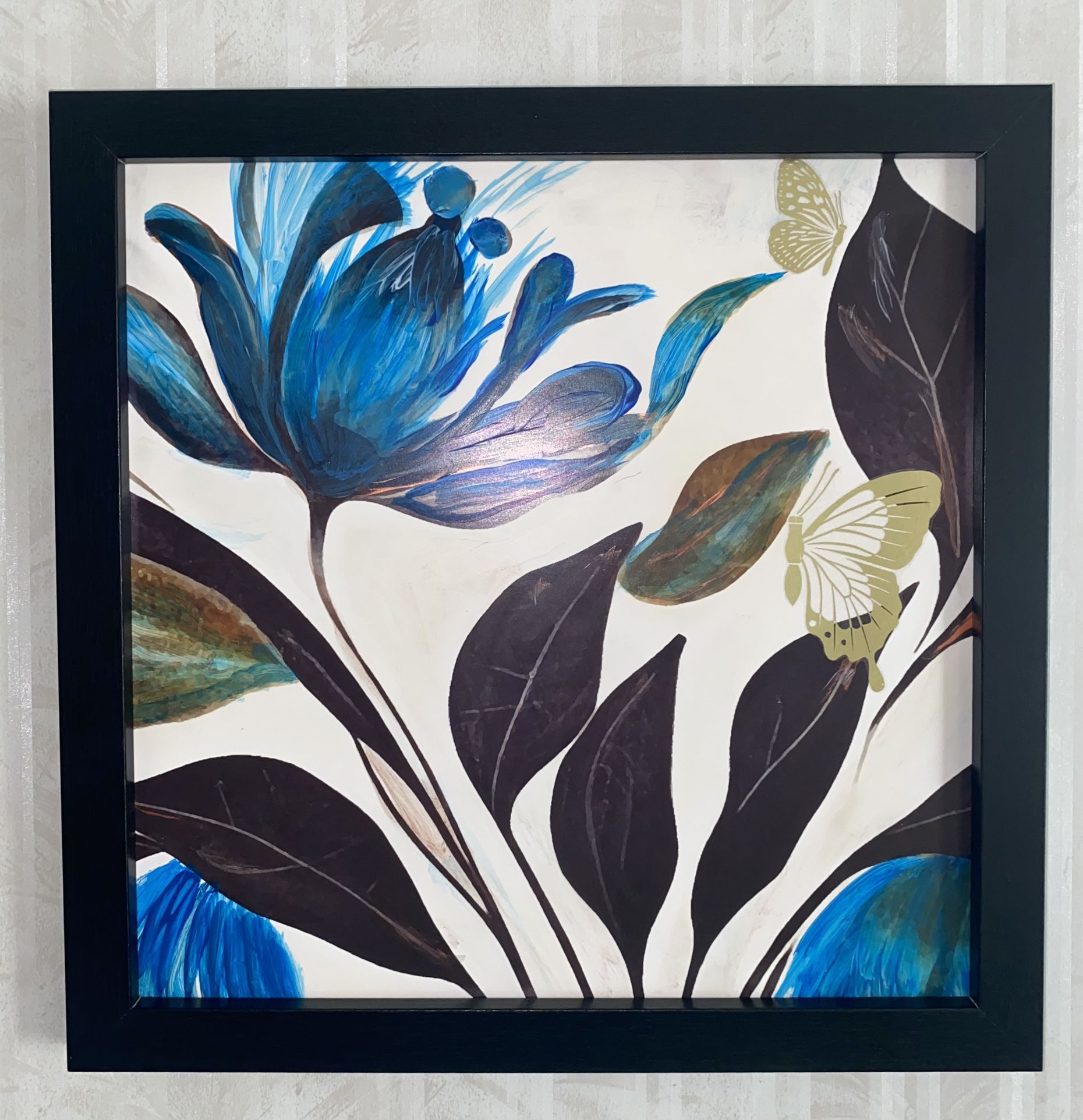 Black Framed  Blue Floral Art Painting 12x12