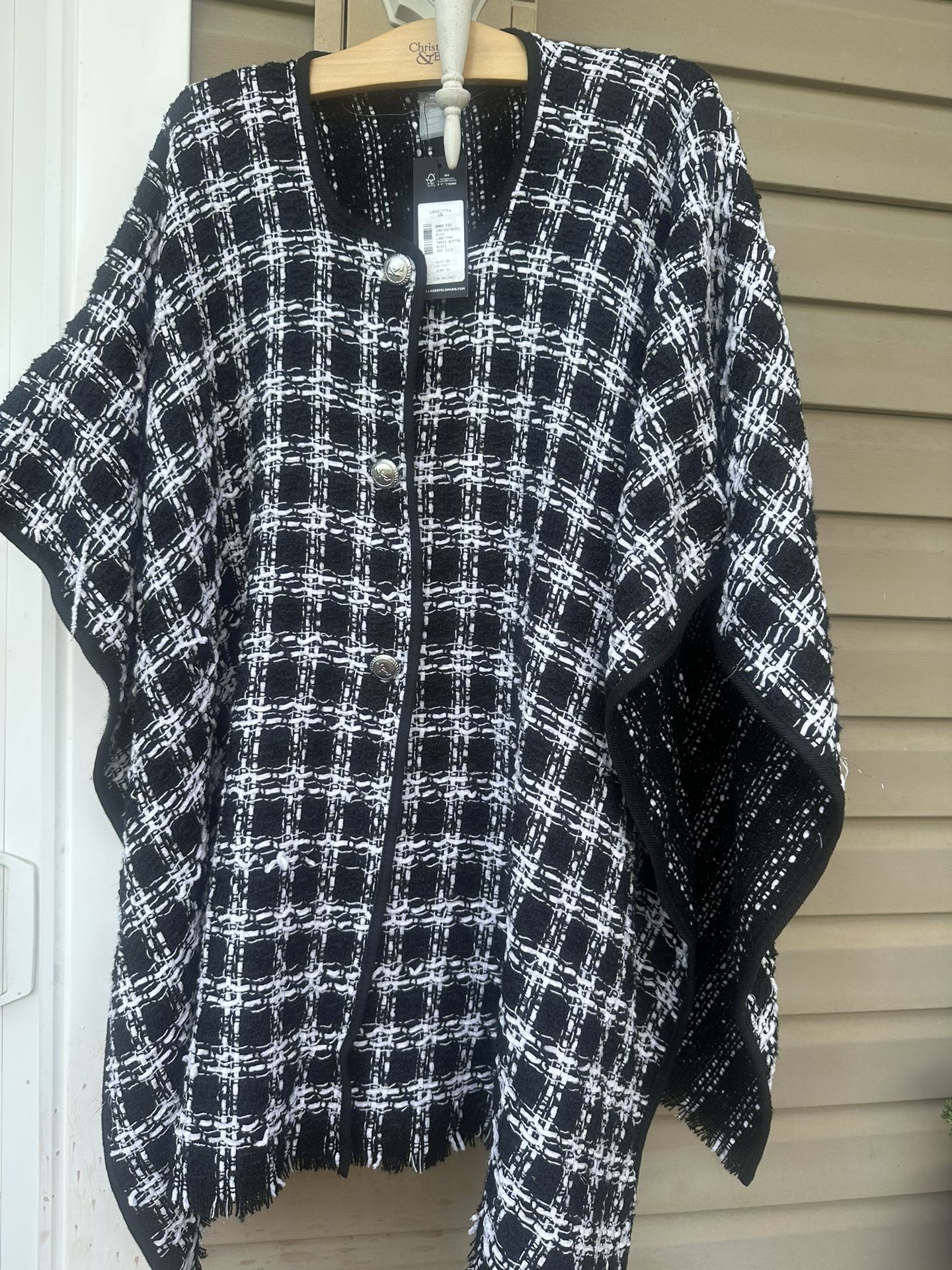 NWT! Karl Lagerfeld Black, White Checks Stole Shawl Wrap Sweater with Buttons