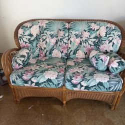 Vintage Coastal Rattan/Wicker Sofa Set – Loveseat + Chair + Ottoman –