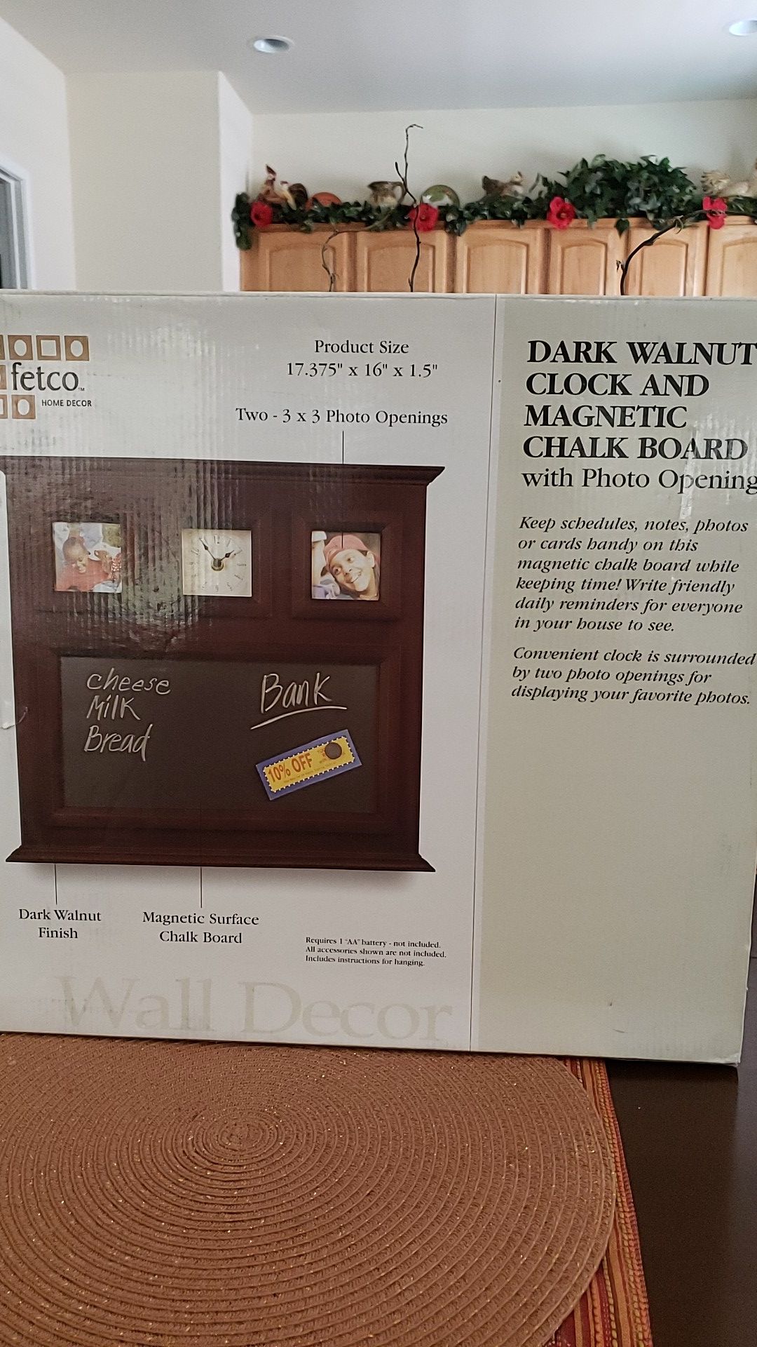 Dark walnut clock and magnetic chalk board with picture frames,Fetco home Decor