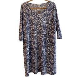 J JILL Dress Abstract Print Gray Cream 3/4 Length Sleeeve Pockets Size LP NWT