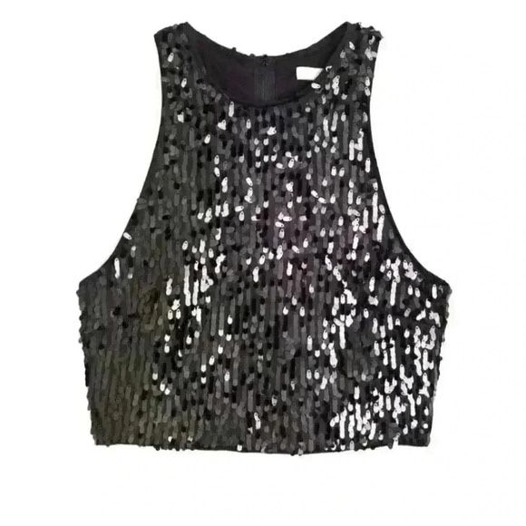 H&amp;M Holiday Sequined  Racer back Gray Crop Tank Top - size Small NWT 