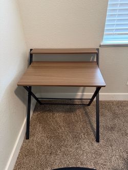 Modern Wood Computer Desk with Shelf – Black Metal Frame