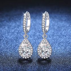 100% Real 1 Carat Pear Cut Moissanite Diamond Drop Earrings