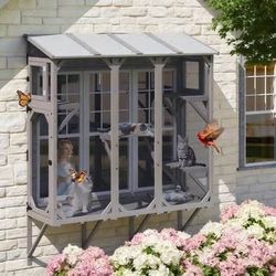 New PETSCOSSET Wooden Cat Window Box Enclosure for Multiple Indoor Cats, Small Pet Perch House