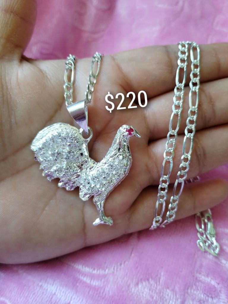 925 Sterling Silver Chain With The Pendant/Cadena Con Dije De Gallo De Plata 925