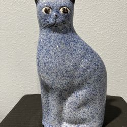 Vintage Blue Calico China Cat Figurine Spongeware