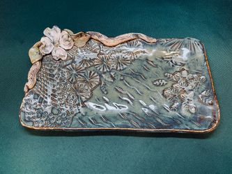 Stunning handmade rectangular pottery dish with raised floral/branch with detailed elements