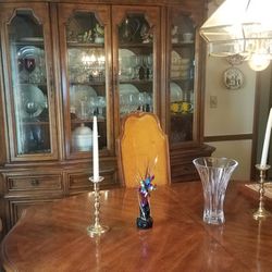 Table (90 in.) and 6 chairs, Hutch with light and service for 8 Lenox China dinnerware set.