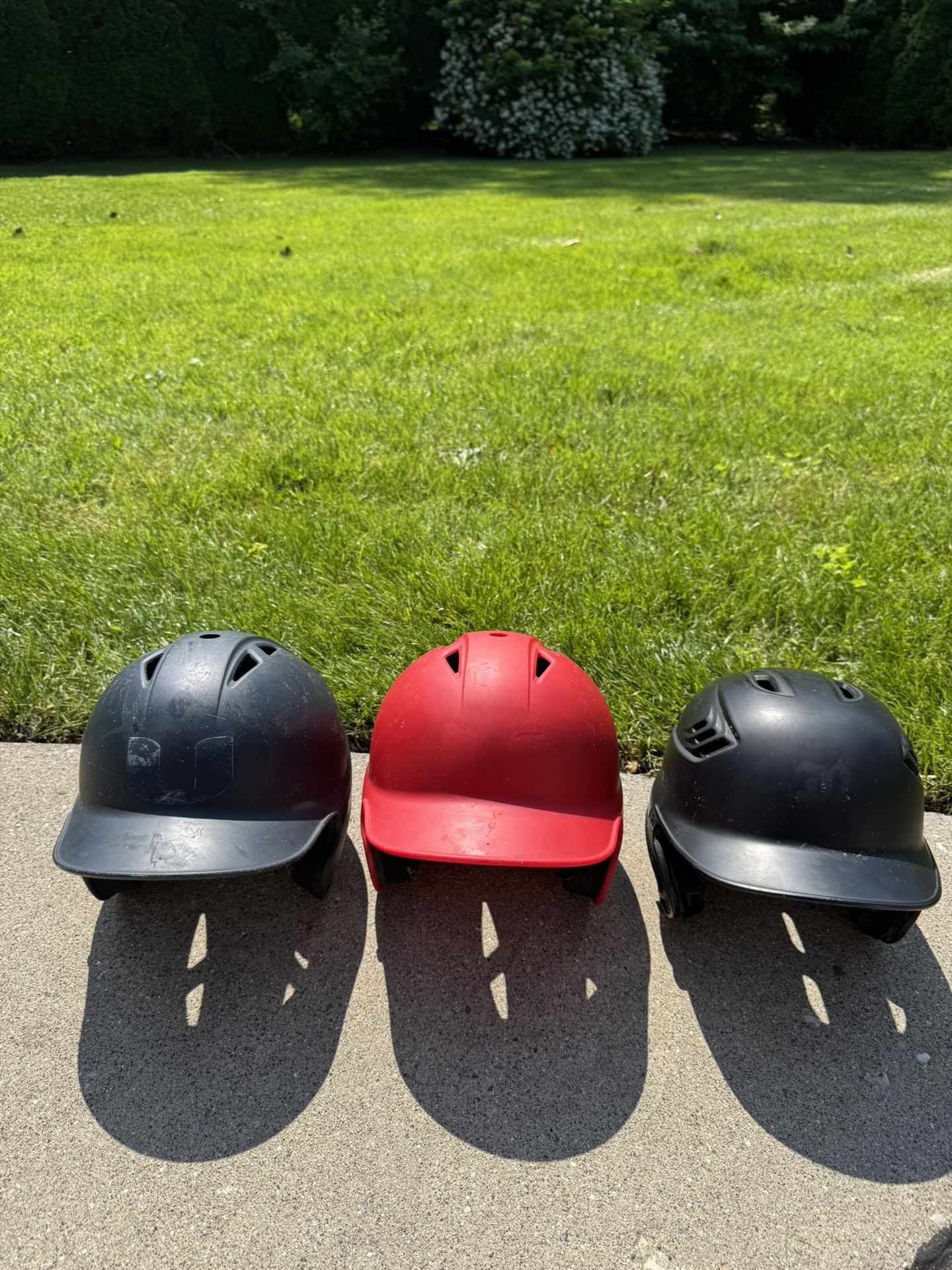 3 Used Baseball Batting Helmets - Rawlings & Marucci (Red, Black, Navy)
