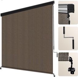 B920 $30  Outdoor Roller Shade 8'(W) x6'(H) Fabric Mocha Exterior Roll Up Shade with Aluminum Valance, Wand Operation Roller Shades Cloth for Patio Po