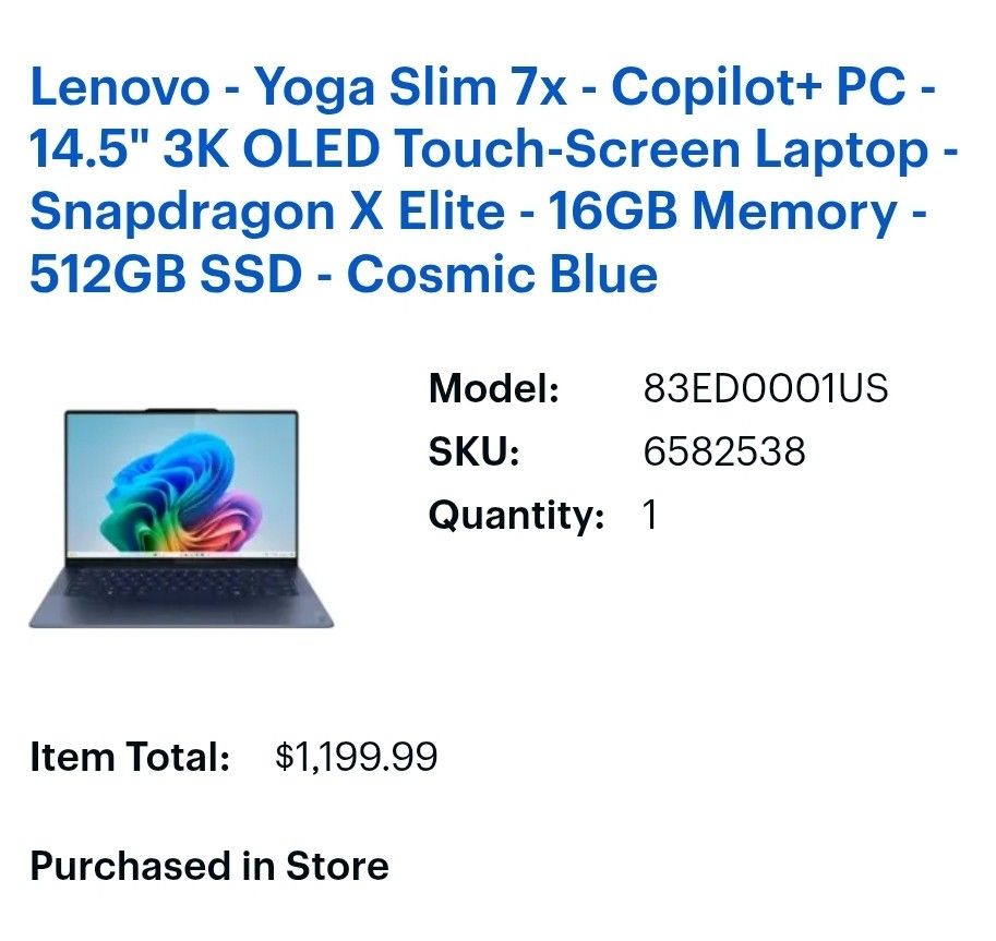 Lenovo - Yoga Slim 7x - Copilot+ PC - 14.5" 3K OLED Touch-Screen Laptop - Snapdragon X Elite - 16GB Memory - 512GB SSD - Cosmic Blue