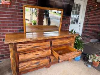 Solid Oak Rustic Log 6-Drawer Dresser + Matching Mirror
