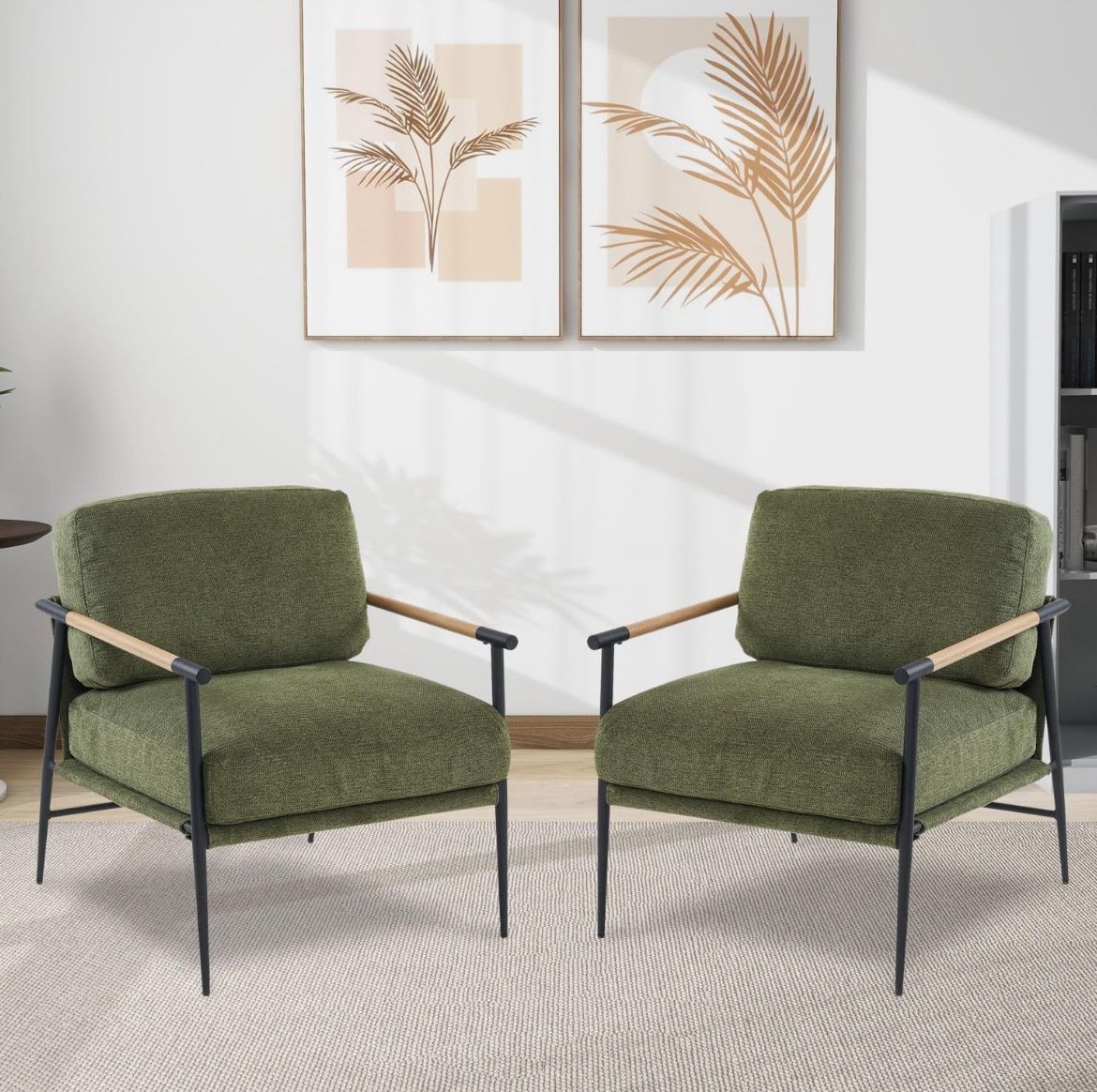 2PCS Green Accent Chair Set of 2 Chenille Mid Century Modern Armchair with Upholstered Soft Cushion for Living Room,Lounge,Bedroom,Wood-Grain Metal Ar