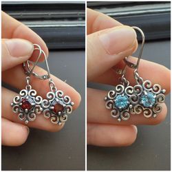 James Avery Spanish Lace RETIRED Gemstone Earrings - Garnet & Blue Topaz