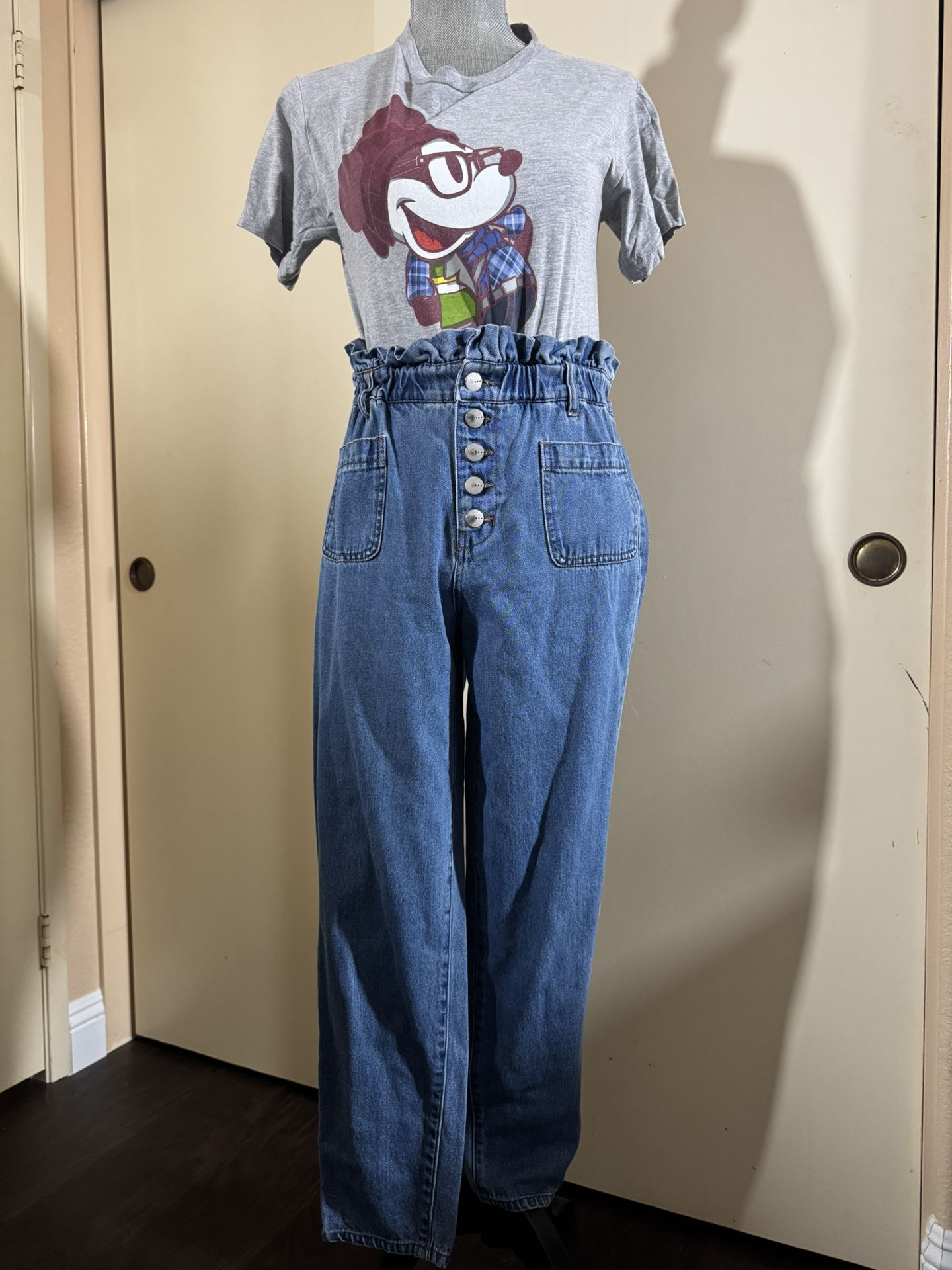 High-waisted Medium Wash Paper Bag Mom Jeans