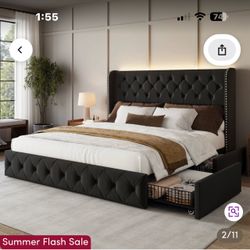 Black Tufted Upholstered Bed Frame with Drawers