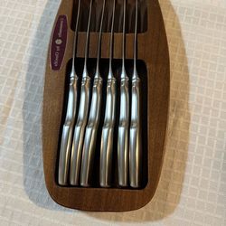 Set of 6 sterling silver steak knives with solid walnut display tray