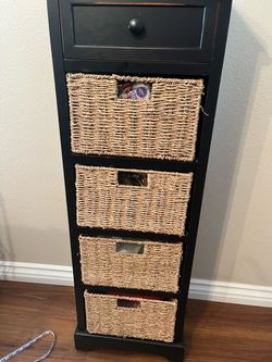 Black Wood Storage Unit with Wicker Baskets