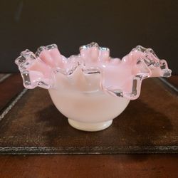 Vintage Fenton Glass Silver Crest Pink and White Ruffled Edge Bowl