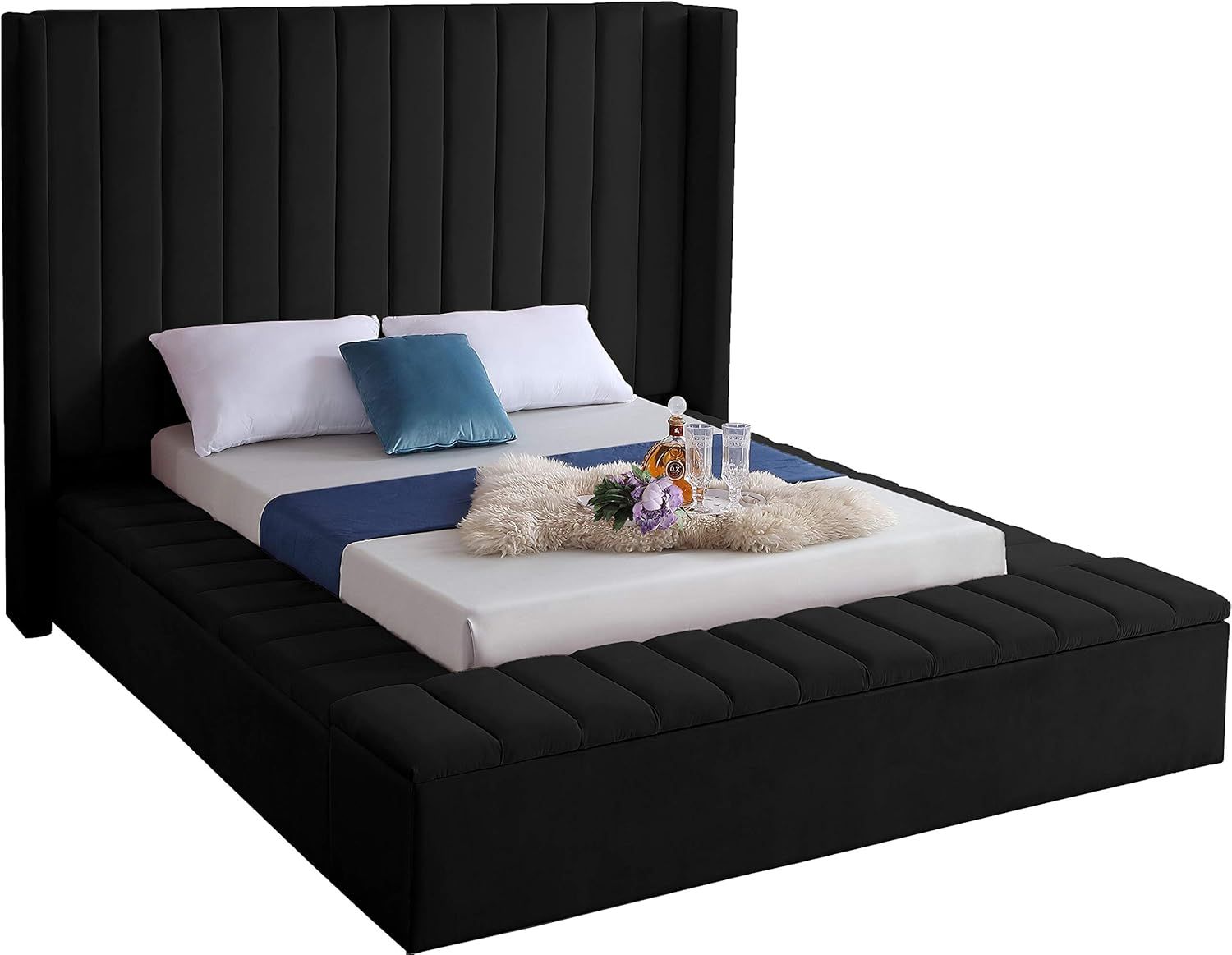 Meridian Furniture Kiki Collection Modern | Contemporary Velvet Upholsterd Bed with Channel Tufting, Siderails and Footboard Storage Compartments, Kin