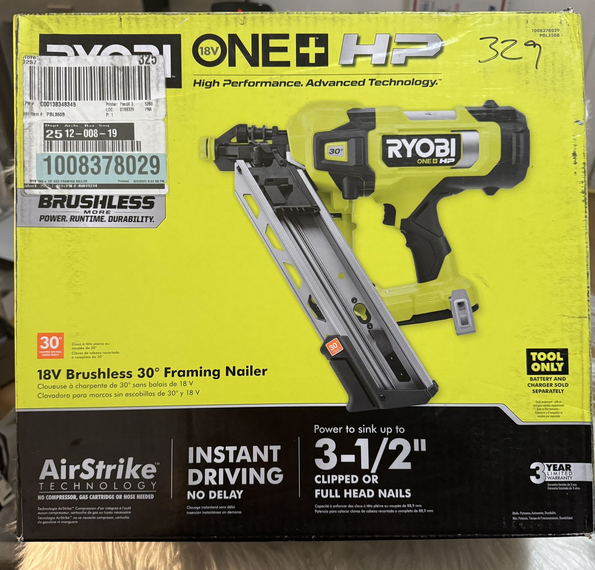 RYOBI 18V ONE+ HP BRUSHLESS AIRSTRIKE 30° FRAMING NAILER
